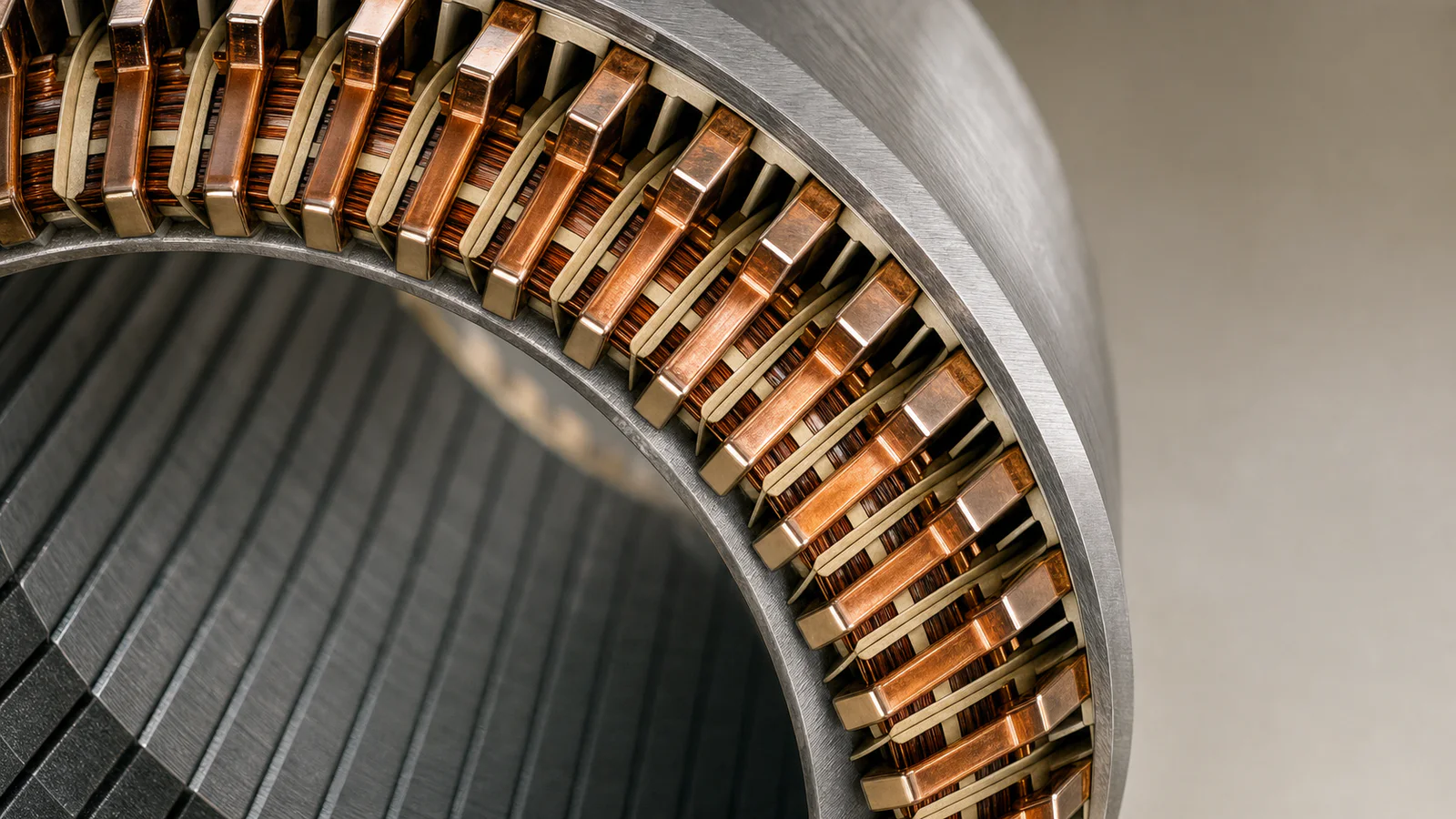 Close view of copper windings and laminated steel inside a precision electric motor core