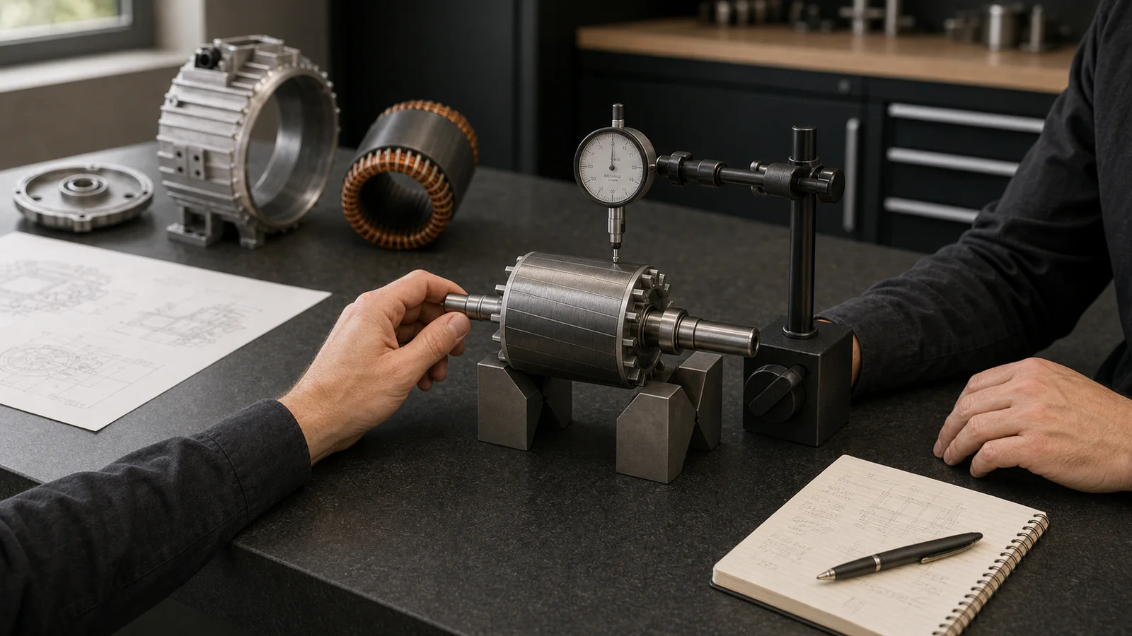 A motor rotor supported on V-blocks for controlled dial-indicator inspection