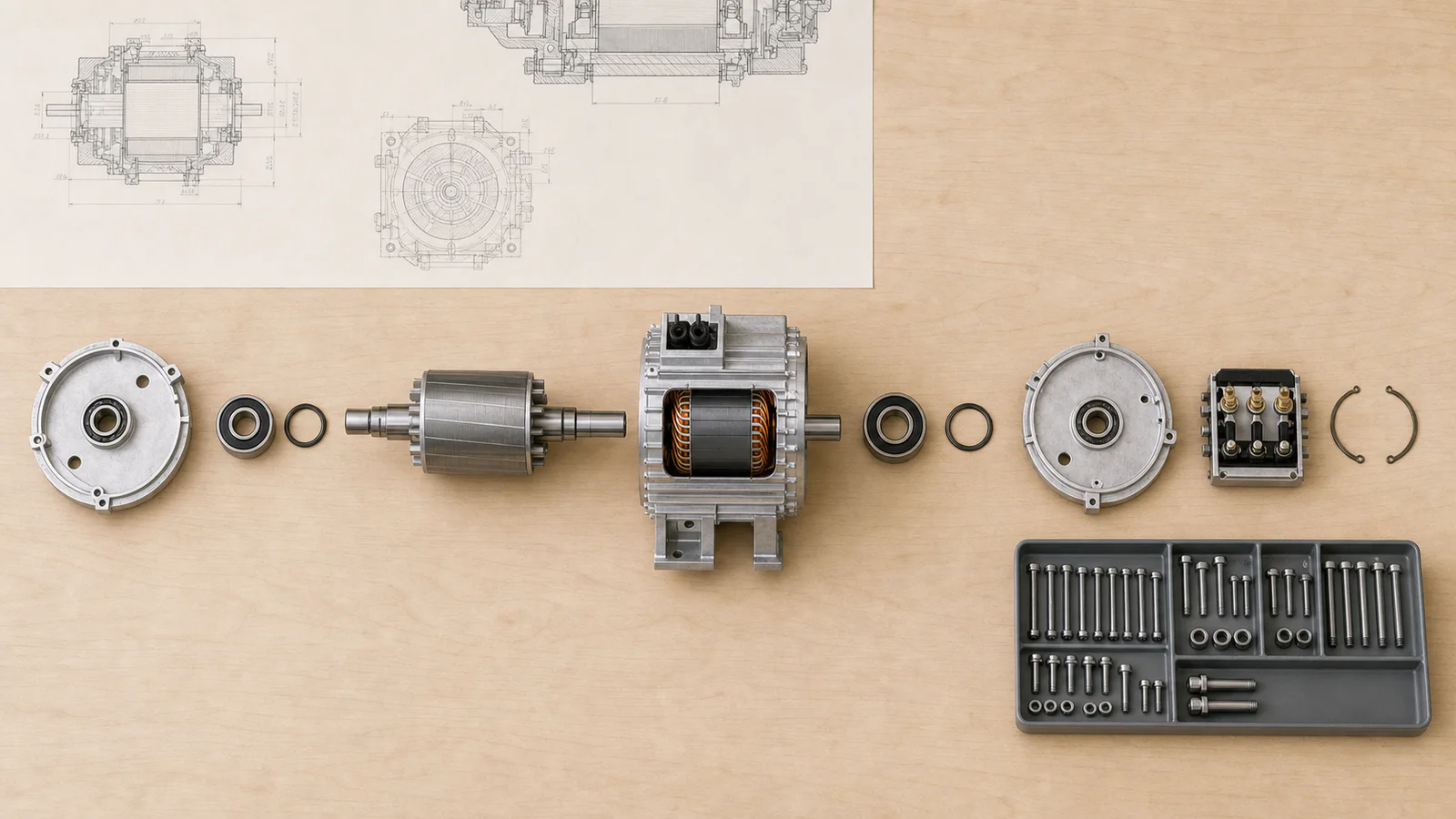 A compact electric motor arranged in a precise exploded layout with its instruments and fasteners