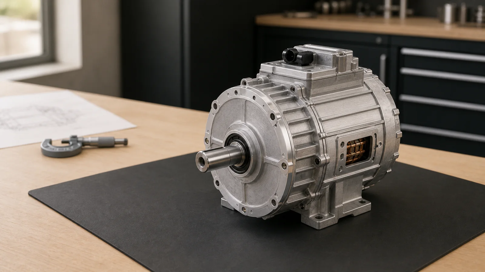Completed compact electric drive unit on a clean engineering workbench